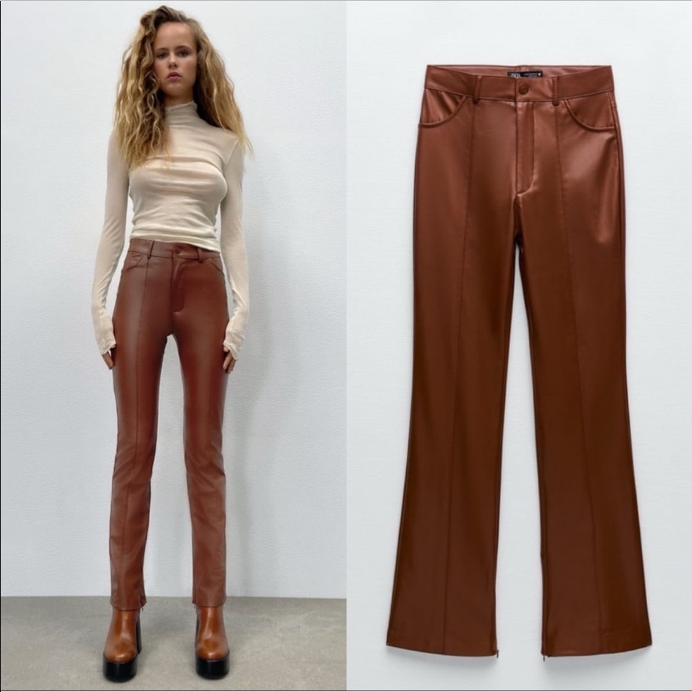 Zara faux leather pants with slit. Brown. New with tags. Never worn.